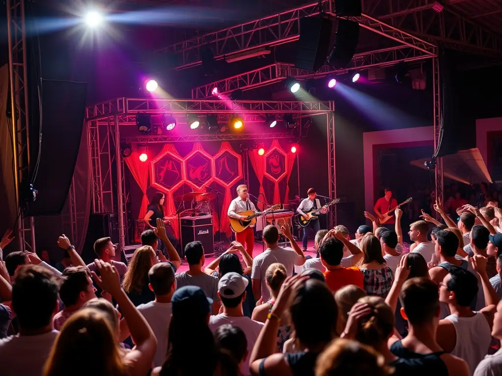 A vibrant scene from one of IMA DJINN's cultural music festivals, showcasing diverse artists performing on stage with a large, enthusiastic audience in the background. The atmosphere is lively and celebratory, capturing the essence of cultural exchange and artistic collaboration.