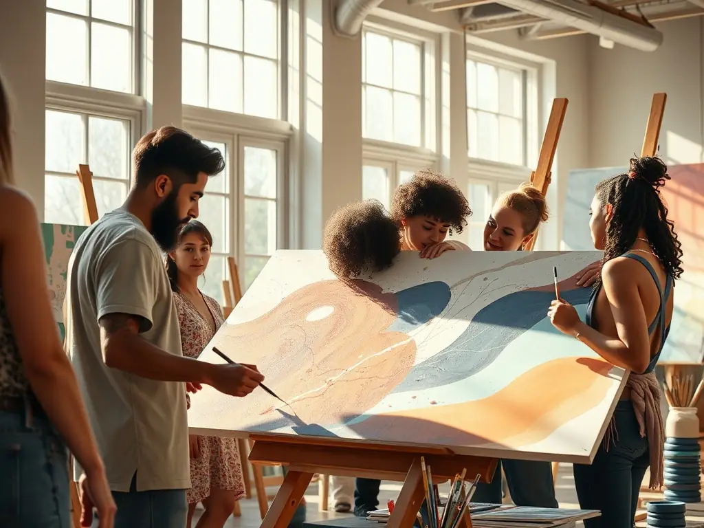 A group of artists participating in a collaborative workshop organized by IMA DJINN. The artists are working together on a mural, showcasing the process of artistic creation and cultural exchange. The setting is a bright, open studio space filled with art supplies and creative energy.