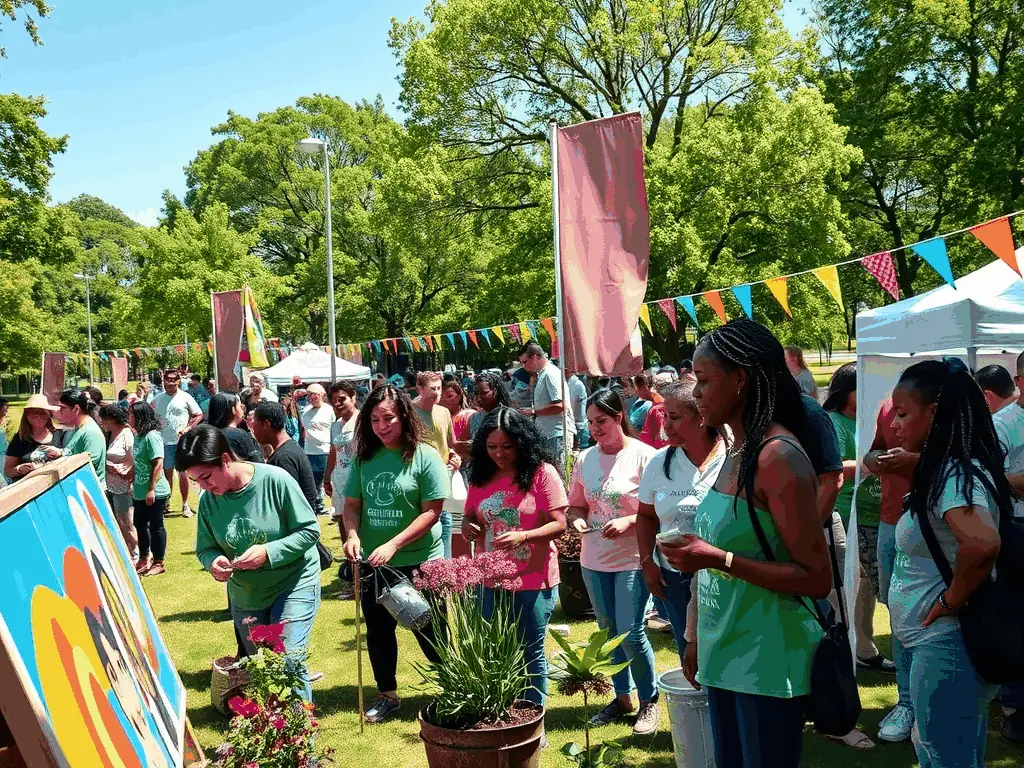 A photo of a community outreach event organized by IMA DJINN, featuring volunteers engaging with local residents. The event includes musical performances, art activities, and cultural displays, creating a welcoming and inclusive atmosphere. The setting is a public park or community center.