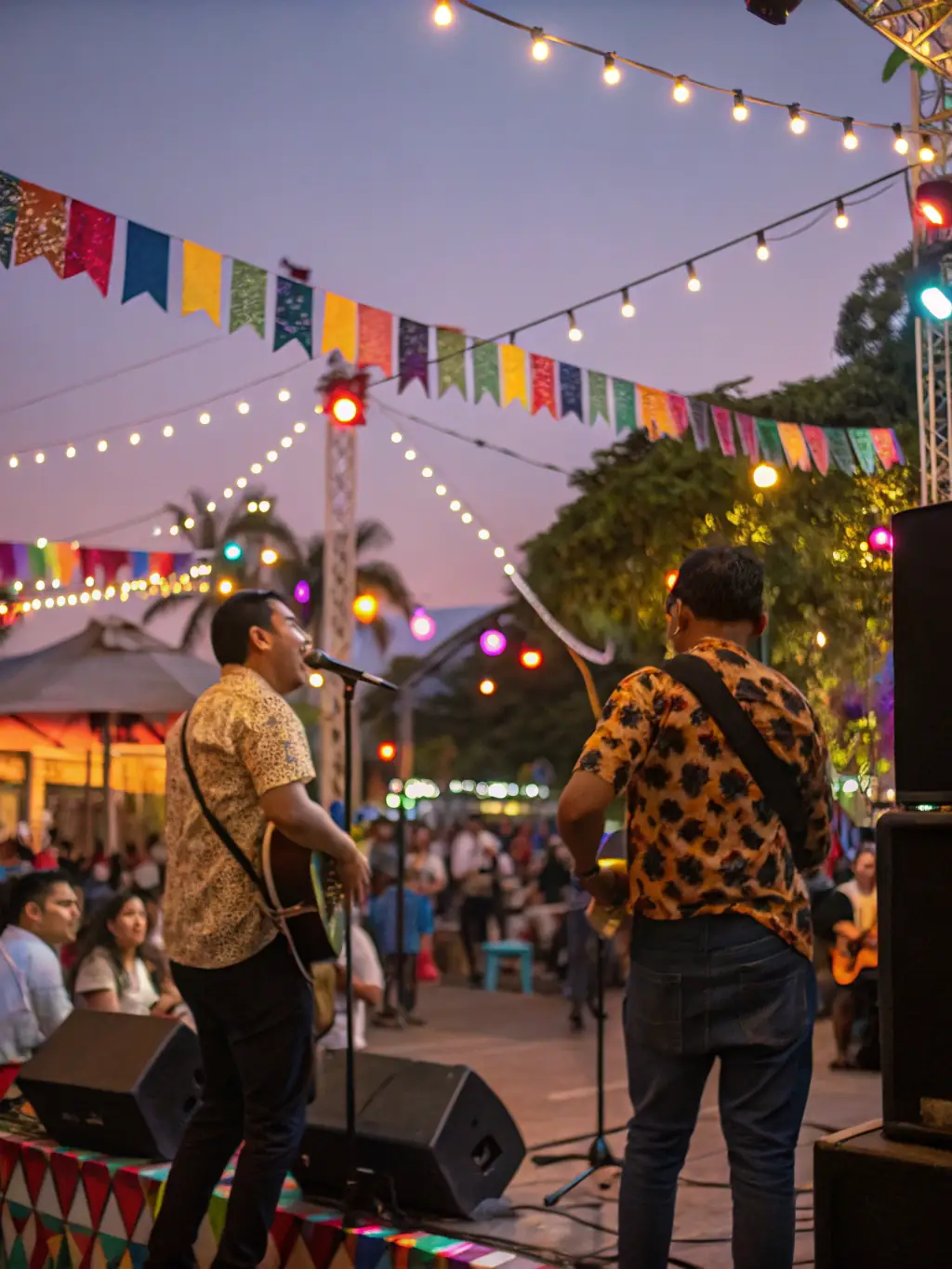 A photograph capturing a lively cultural music festival organized by IMA DJINN, featuring diverse musicians on stage and an enthusiastic audience dancing and celebrating.