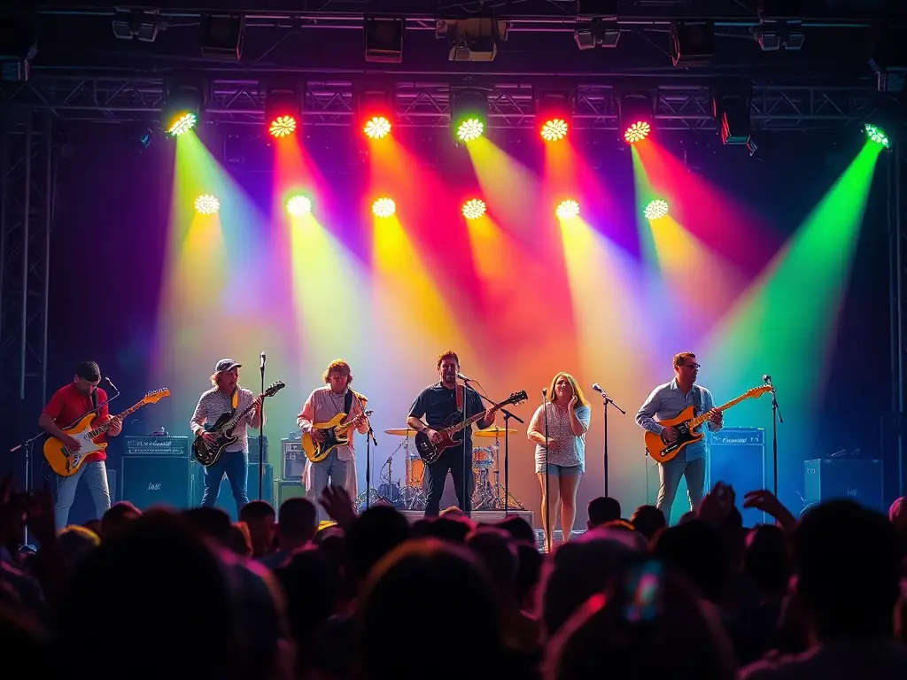 A dynamic photograph capturing the energy of a live musical performance at an IMA DJINN event, featuring a diverse audience and a captivating stage presence.